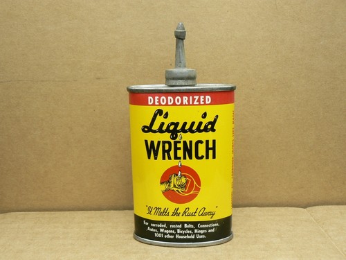 Vintage LIQUID WRENCH 3 OZ RUST SOLVENT Oval Lead Top oil can EMPTY
