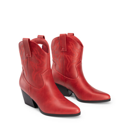 Women Western Ankle Booties Low Chunky Heel Pointed Toe Cowgirl Cowboy Boots - Picture 25 of 32