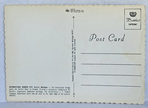 Vintage Postcard International Border City, Detroit, Michigan Unposted Unused - Picture 2 of 2