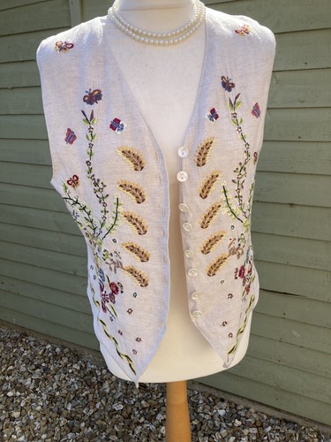 Gilet vintage ricamato Past Times UK S - misto lino - foderato - Foto 15 di 18