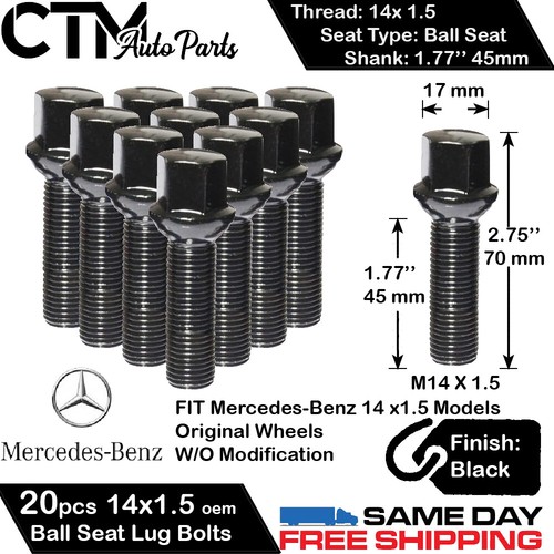 20PC MERCEDES BLACK 14X1.5 BALL SEAT LUG BOLT 45MM SHANK SHAFT FIT ORIGINAL RIM - Picture 1 of 2