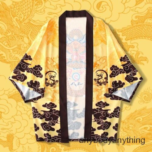 Men Yukata Kimono Jacket Coat Loose Chinese Dragon Printed Tops Outerwear Summer - Picture 4 of 12