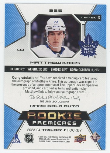 2023-24 Upper Deck Trilogy Rookie Premieres Autographe Niveau 3 Matthew Knies 3/3 - Photo 2 sur 3