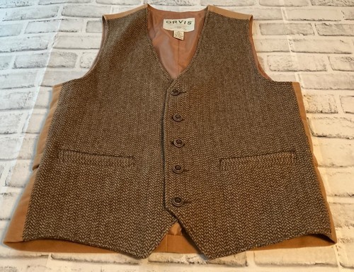 Orvis Vest Men Medium Brown Wool Hunting Herringbone Leather Trim - Bild 1 von 5