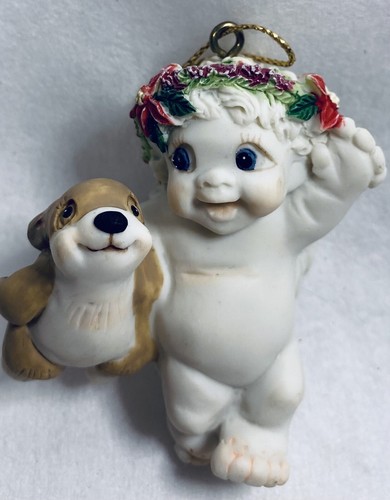 Vintage DREAMSICLE Cherubs Christmas Ornaments Bunny + Drum NIB Set Of 2 - Picture 3 of 11