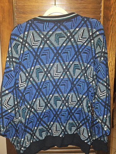 Vintage Mens Grandpa Pull Over Blue And Black Patterned Sweater - Picture 6 of 6