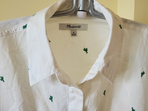 Madewell White Green Embroidered Cactus 100% Cotton Short-Sleeve Shirt Women M - Picture 2 of 6