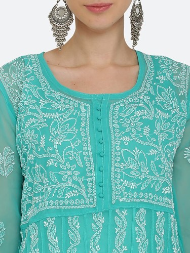 Women Chikankari Hand Embroidery Georgette Yog Anarkali Lucknowi Kurti with Free - Bild 21 von 54