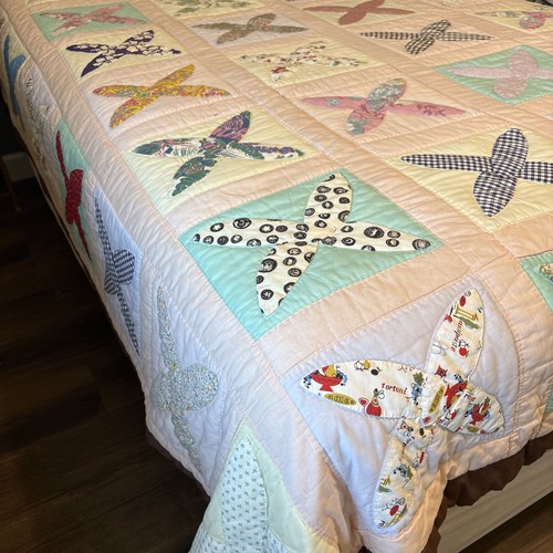 Handgenähter Quilt 4 Punkt Stern Tagesdecke 87x89" Vintage Patchwork Braun Rücken - Bild 4 von 24