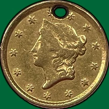 1852 Liberty Head Gold Dollar Very Fine VF Coin, Holed #32970