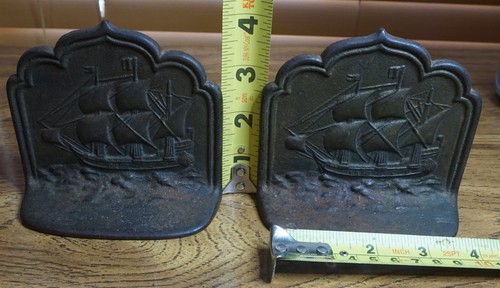 antike um 1900 Gusseisen Buchstützen Mayflower Schiff Maritim Paar 4" x 4" - Bild 4 von 11