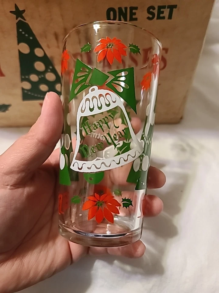 Hazel Atlas Vacaciones Navidad Año Nuevo Vasos Vasos Beber 8 Lote Con Caja Foto 4 de 4