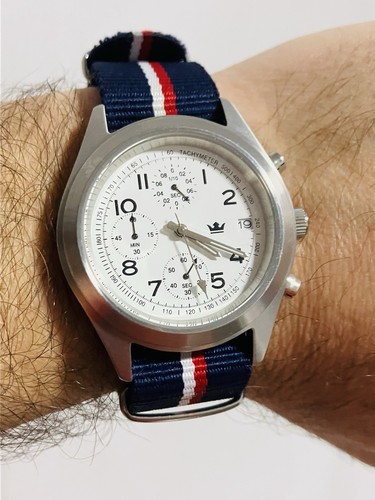 Reloj cronógrafo de acero inoxidable Krippl tono plateado esfera blanca correa de nailon - Imagen 7 de 11