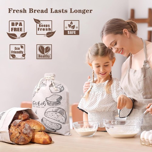 Pack de 4 bolsas de pan de lino reutilizables premium con forro de plástico - perfectas - Imagen 2 de 3