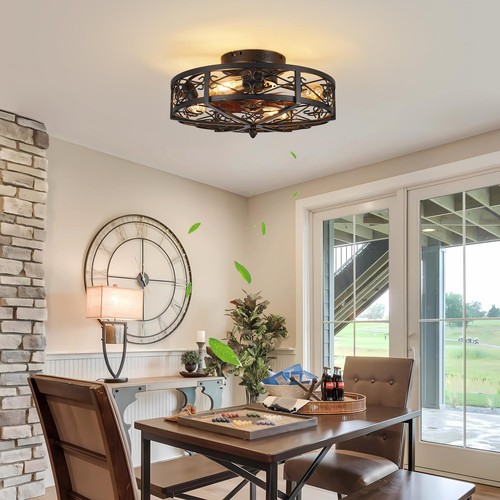 Rustic Black Caged Flush Mount Ceiling Fans with Lights and Remote Vintage Lo... - Picture 3 of 9