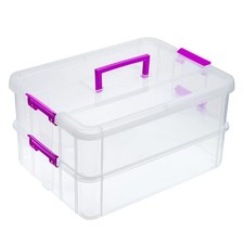 2-Tiers Stack Carry Storage Box With Handle, Transparent Stackable Storage Bi...