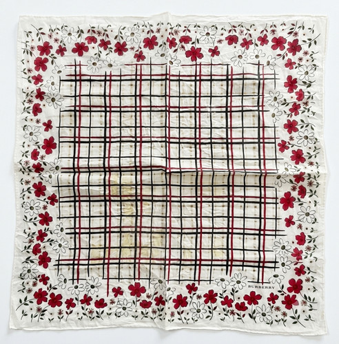 Burberry Floral Plaid Cotton Handkerchief 18x19" Vintage Japan Pocket Square Red