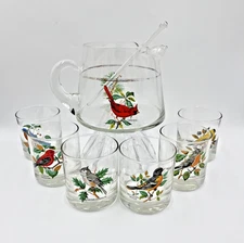 Set West Virginia Glass American Songbirds 6 Rocks, Cocktail Pitcher & Stir VTG
