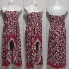 Boho Floral Strapless Smocked Ruffle High-Low Maxi Dress S Festival Vacation