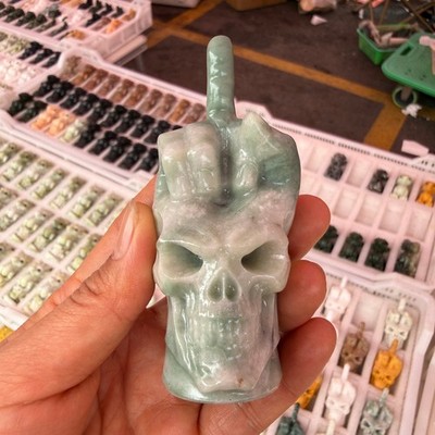 1pc Natural Green jade Quartz Carved Middle finger Skull Crystal Reiki Decor