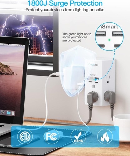 1800J Surge Protector Outlet with 5 AC & 4 USB Ports - Ideal for Home & Office - Picture 7 of 9
