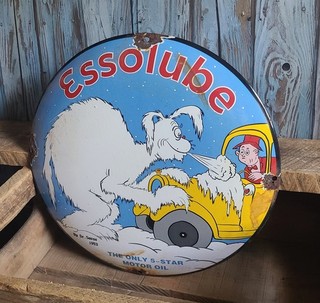 Vintage 1953 ESSO Essolube Motor Oil Dr Seuss Porcelain Metal Domed Sign