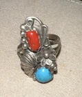 Tarnished Vintage Sterling  Silver 925 Turquoise And Coral Ring Sz 5
