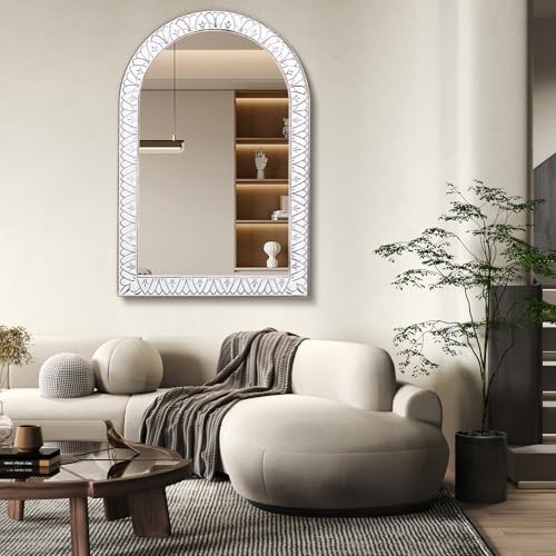 36x24 Inch Farmhouse Arched Wall Mirror Wooden, Modern Decorative Arch Mirrors - Picture 4 of 7