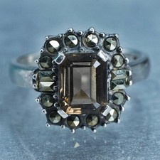 Size 9, vintage Sterling 925 silver handmade ring with smoky quartz marcasite