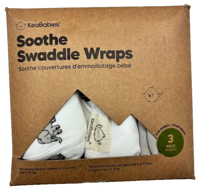 KeaBabies Algodão Orgânico Bebê 0 3 Mos Swaddle Wraps Elefante Leão Cinza 3pk NOVO - Imagem 2 de 4