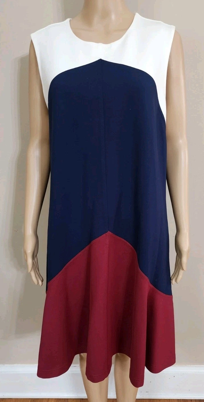 Tory Burch donna taglia XL bianco blu bordeaux senza maniche color block fit svasato