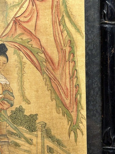 Pintura de arte de seda china hermosa bandera vestida con escena de mujer guerrera - Imagen 11 de 22