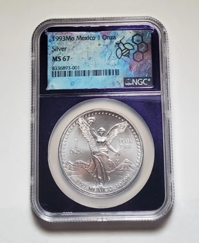 1993 MEXICO 1 OZ SILVER LIBERTAD ONZA NGC MS 67 TRADER BEA PURPLE CORE #S242