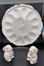 Vtg Ceramic Bunny and Tulip Deviled Egg Platter With Salt & Pepper Shakers