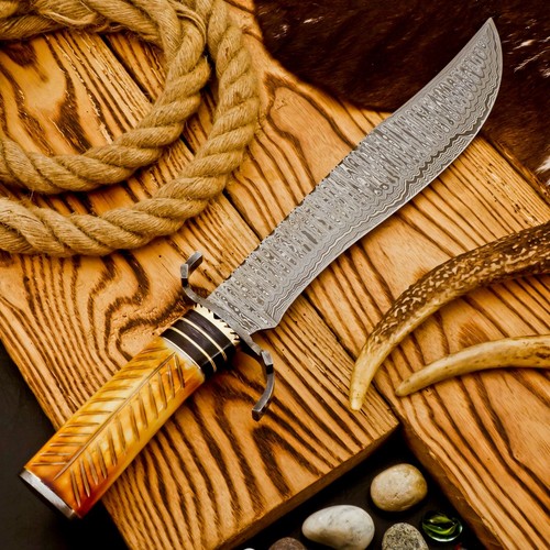 Cuchillo Bowie de Caza de Acero Damasco Hecho a Mano Personalizado 15" Raro con Funda de Cuero - Imagen 9 de 11