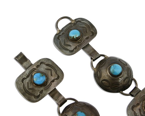 Navajo Old Pawn Concho Belt .925 Silver Natural Turquoise C.1940's - Picture 3 of 9