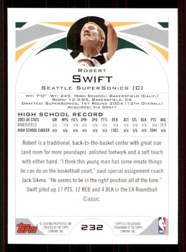 2004-05 Topps #232 Robert Swift RC - Picture 2 of 2