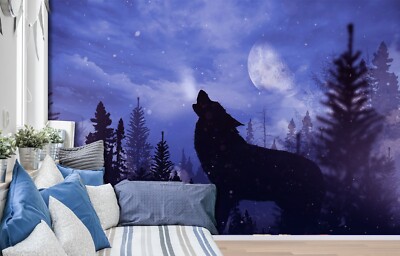 3D Night Moon Wolf K397 Animal Wallpaper Mural Self-adhesive Removable Kay