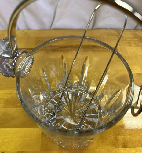 Vintage Italian Cut Glass Ice Bucket 5” Silverplate Grape Handles & Tongs in VGC - Picture 12 of 17