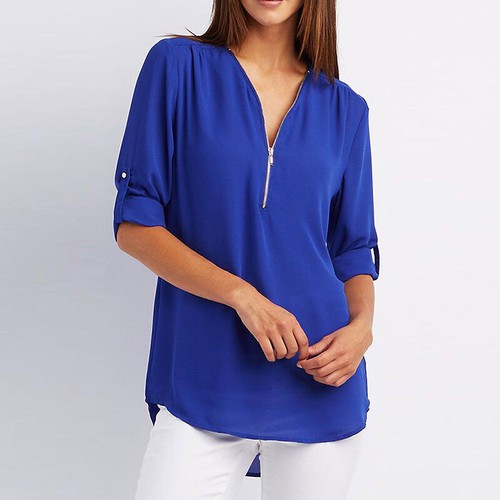 ❤️Womens Zipper V Neck Chiffon Tunic Tops Ladies Summer Casual T-Shirt Blouse US - Picture 8 of 18