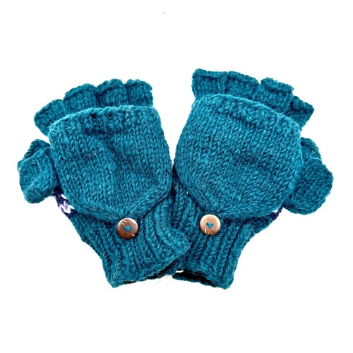 M&L Fingerless Mitten Gloves Blue 100% Wool Fleece Lined Sherpa Ski Handmade - Picture 3 of 9