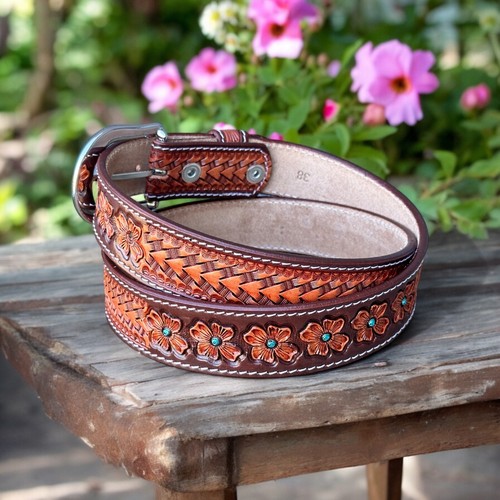 Western Belt Handmade Men's Full Grain Leather With Buckle Tolled Cowboy Belt - Picture 22 of 78