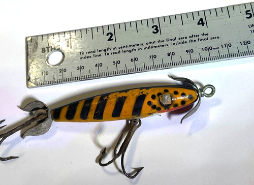 Señuelo de pesca vintage Eger Bait Company 1940 cuerpo de madera spinner Master Dillinger - Imagen 8 de 8