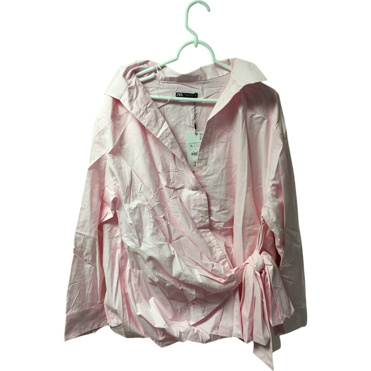 Zara Womens Poplin Bow Shirt blouse XL Pink Oversized Button