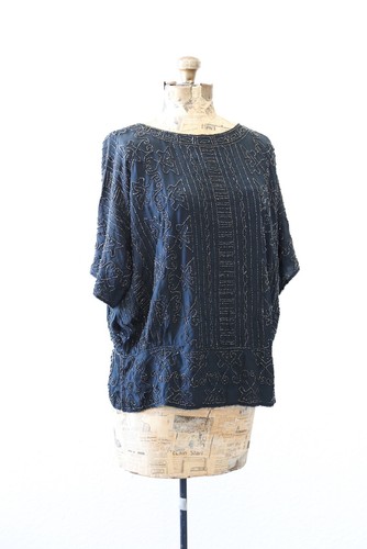 Vintage 20s black SILK glass beaded DECO French flapper dress TOP Blouse RARE! - Picture 8 of 11