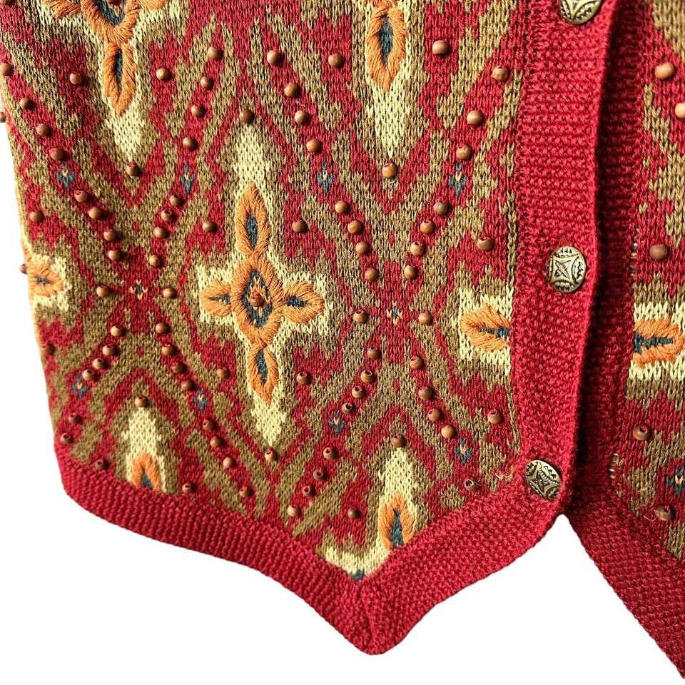 Cambridge Dry Goods Womens L Wood Beads Button Knit Vest Aztec Southwestern Boho - Image 3 of 4