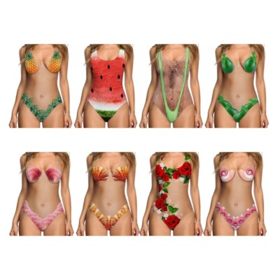 Womens Tummy Control Swimwear Funny One Piece Swimsuit Lady U-neck