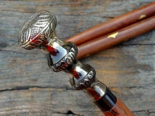Head Handle Wooden Walking Stick Cane Vintage Handmade Antique Brass 3-Tayr Knob - Picture 6 of 7