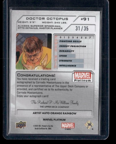 Doctor Octopus #91 Artista Automático Naranja Arco Iris 31/35 UD 2023 Marvel Platino - Imagen 2 de 3