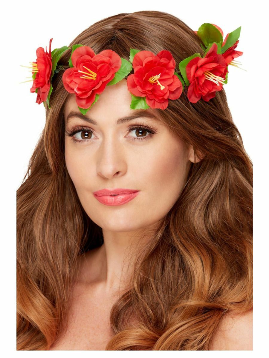 NEW Red Hawaiian Floral Flower Crown Headband Party Fancy Dress Accessory